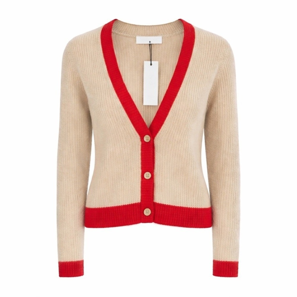 Stitches & Stripes Beige Red Colorblock V-Neck Button Front Knit Cardigan NEW